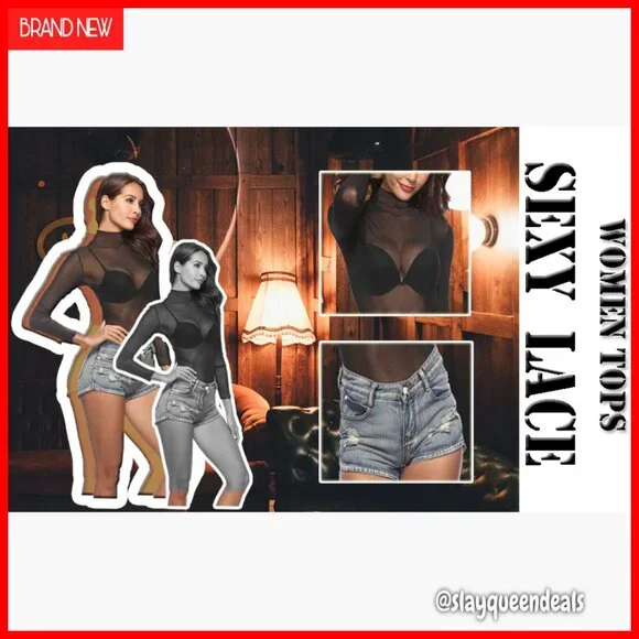 Long Sleeve Mesh Top Sheer Floral Embroidery Mock Neck Layering Tee - Picture 7 of 7